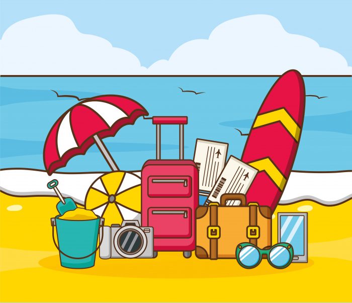 Picture about beach vacations umbrella surfboard camera sunglasses tickets ball bucket vector illustration. Quelle: freepic.