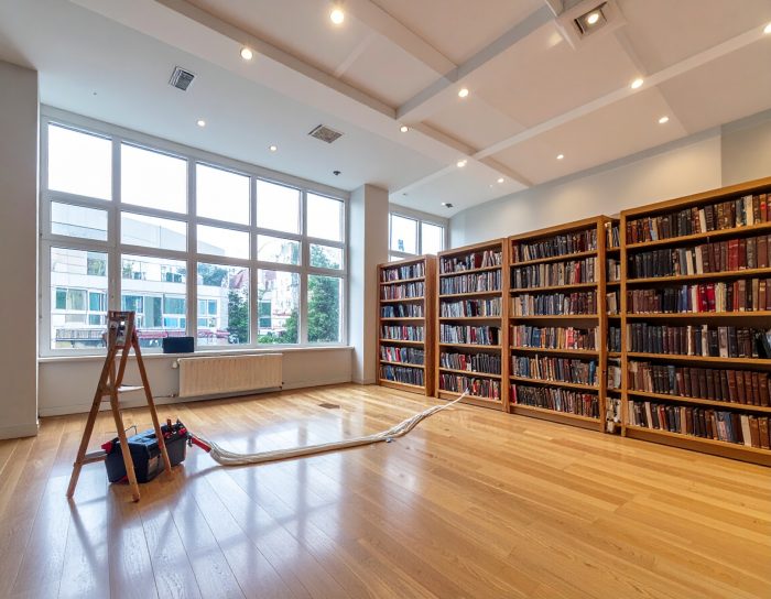 Eine Heizungsreparatur in einer Bibliothek, Regale auf der rechten Seite, ein großes Fenster im Zentrum des Bildes