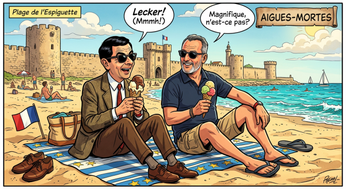 KI-Bild im Comic-Stil mit Mr. Bean und Jean Reno am Strand von Aigues-Mortes – im Hintergrund sind die Stadtmauern zu erkennen. Die beiden Helden liegen auf ihrem Strandhandtuch und essen ein Eis.